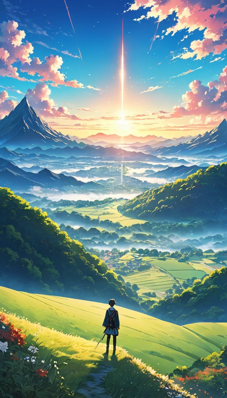 Against the backdrop of a breathtaking nature view, the Anime Boy stand atop a hill in the style of dreamlike landscape, anime art, 32k uhd, detailed world-building,, vibrant illustrations,anime style --ar 3:4 --v 5.2