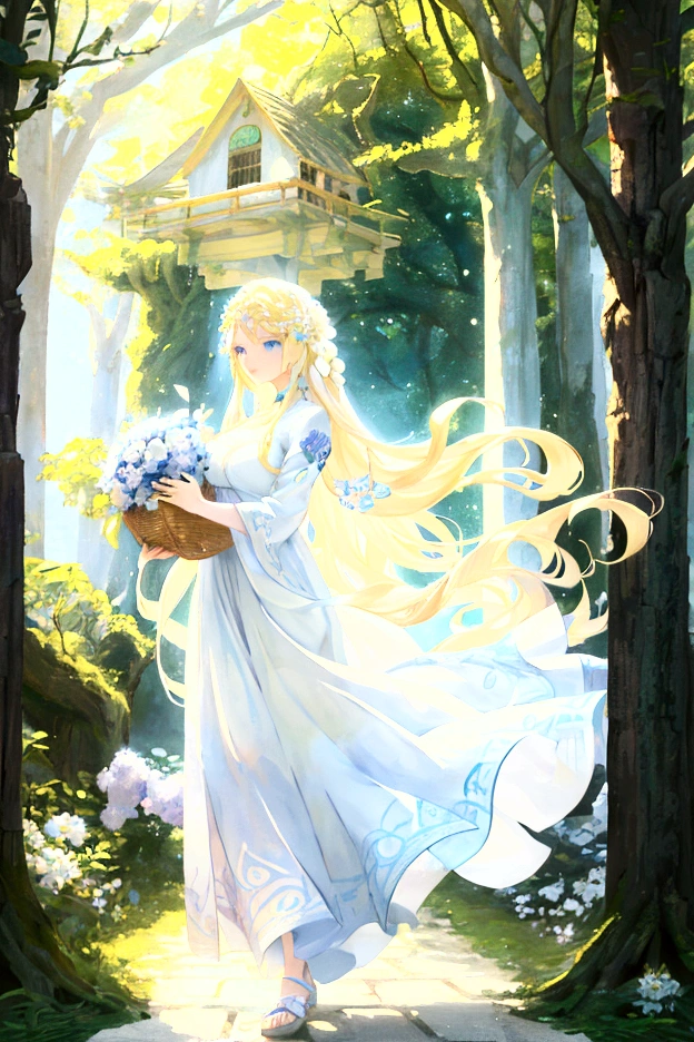The goddess of spring, with long blond hair, blue eyes, white flowing dress, carrying a flower basket, comes out of the big tree house, surrounded by trees and flowers, bright colors, anime style, animation, illustration, 3d rendering