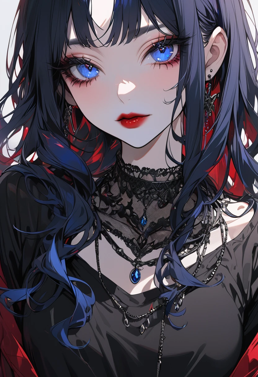 anime girl, dark blue hair, blue eyes, wine red lips, long eyelashes, black necklace on the neck, beautiful, ultra detailed, black t-shirt,