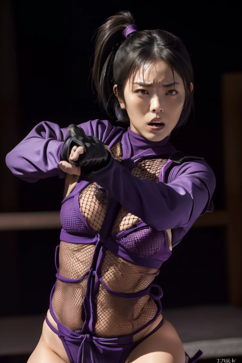 kunoichi, Purple Ninja Suit, Fishnet bodysuit, Red panties, Battle Mode, Serious expression, A ninja fighting a strong enemy, night