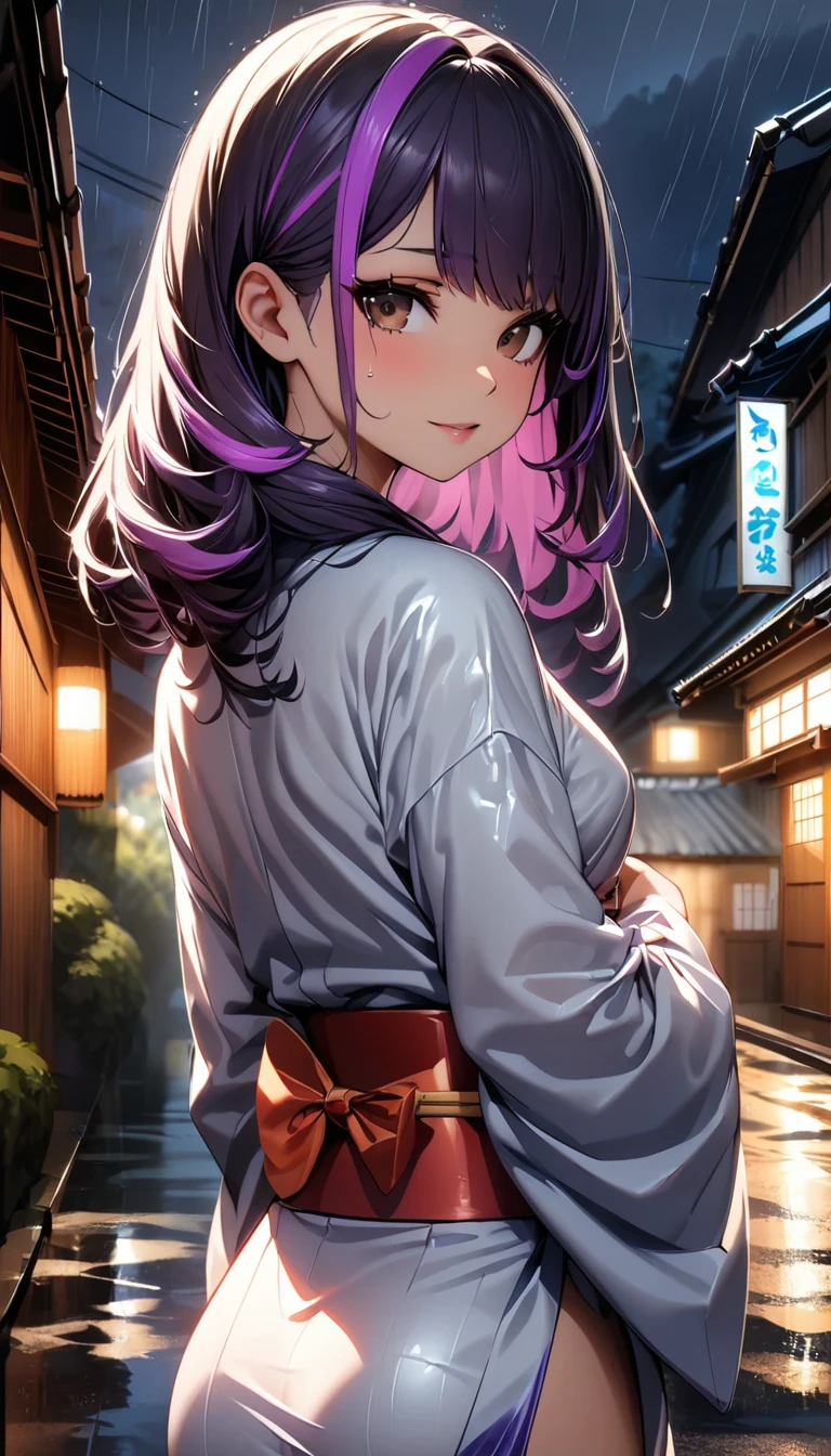 (highest quality:1.2, Very detailed, up to date, Vibrant, Ultra-high resolution, High Contrast, masterpiece:1.2, highest quality, Best aesthetics), Portraiture、girl、((25-years-old:1)), (Japanese kimono:1.3), (holding up umbrella:1), Bright colors、Beautiful fine details、Beautiful lip detail, long hair、black and purple ((streaked hair:1.6)), highlights hair: 1.5, brown eyes, ((slim body:1.4)), (small breast:0.7), (dark skin:0.5), rainy day, rain night, street in Kyoto, wet street, looking back, (cowboy shot),