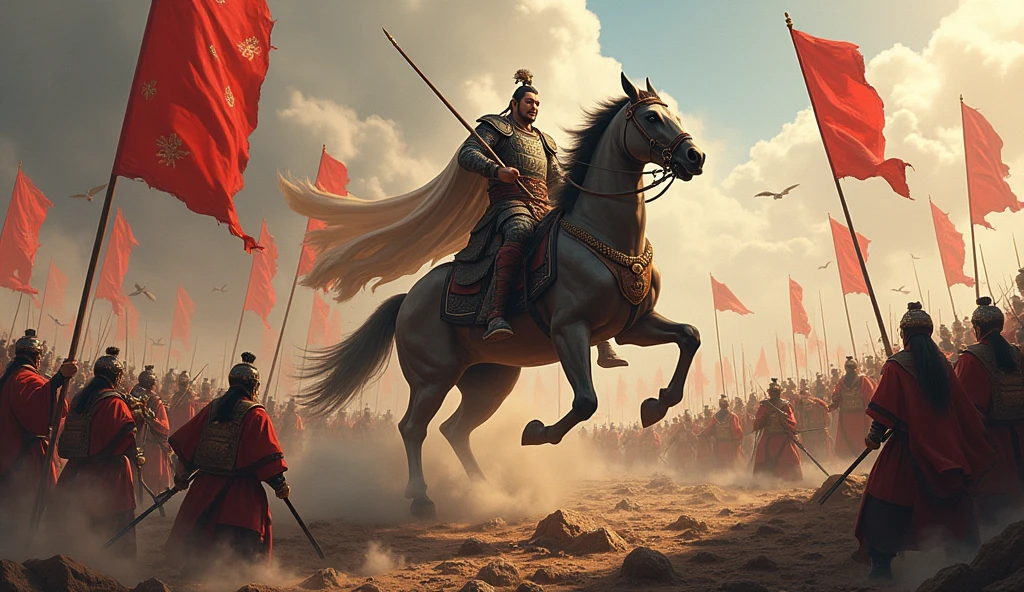 best quality,4k,8k,highres,masterpiece:1.2,ultra-detailed,realistic:1.37,Khalid ibn-al-walid,the most skilled warrior on the battlefield,brilliant tactician,warrior,hero,masterful strategy,sharp instincts,unmatched combat skills,valiant knight,unyielding determination,undefeated champion,swordsmanship,master marksman,fearless leader,victorious conqueror,mighty conqueror,legendary general,astute decision-making,strategic genius,extraordinary leadership,brave commander,fear-inspiring presence,battles,Muslim army,fierce battles,deadly encounters,war-torn landscapes,thunderous clash of swords,dramatic battlefield,intense fight scenes,war-ravaged fields,heroic battles,thousands of soldiers,adversaries shaking in their boots,daunting enemies,unstoppable force,unbreakable spirit,warrior's spirit,brilliant mind,warrior's heart,splendid valor,determined gaze,ferocious attack,strategically positioned troops,commanding presence,triumphant victories,war drums thundering,war banners waving,proud and noble stance,military genius,commanding the battlefield,similar to Alexander the Great,master of war
Note: Remember not to include any explanations and there is no need to explain the meaning of the prompt.