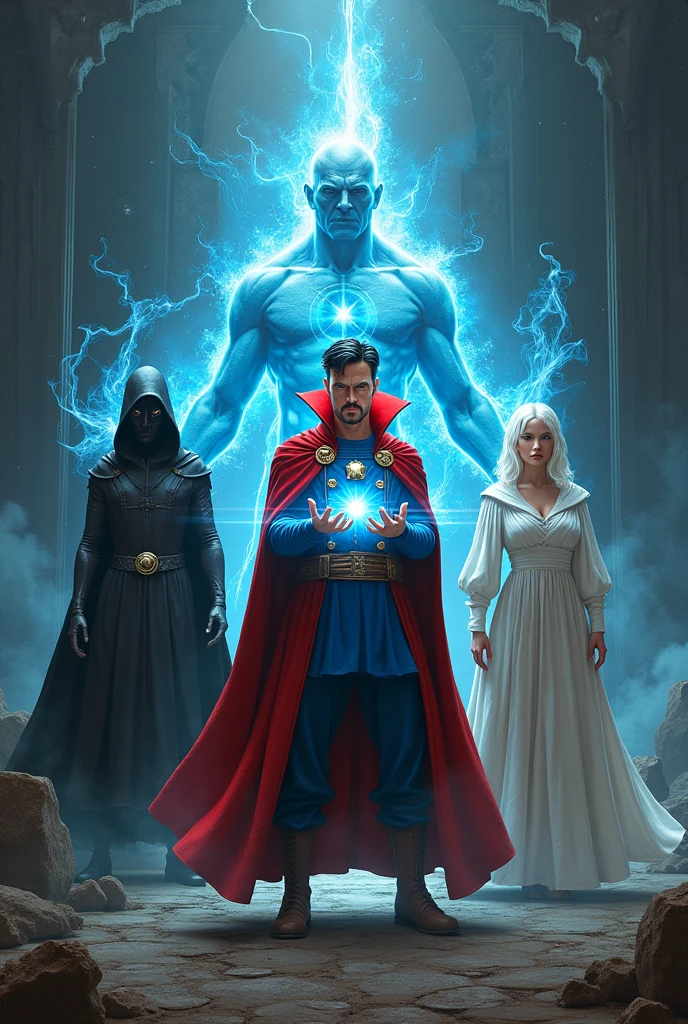 Create a group of people, Make Doctor Strange, Get Dr. Manhattan, Make a dark spectre with a dark robe, Make a woman with a round, pale face wearing a white robe that covers her white skin head.. 