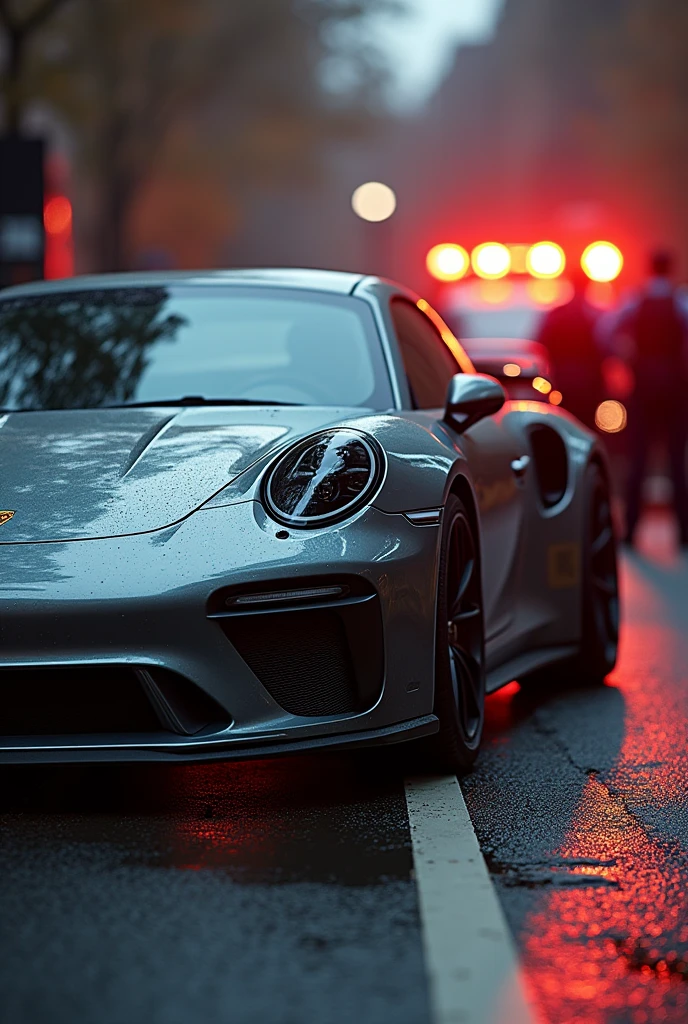 a high-end sports car,luxury sports car,porsche,expensive car,expensive vehicle,sports car accident,car accident,car towed,car being towed,car impounded,car being impounded,police towing car,police impounding car,dramatic scene,realistic 3d render,detailed car model,detailed car,hyperrealistic, (best quality,4k,8k,highres,masterpiece:1.2),ultra-detailed,(realistic,photorealistic,photo-realistic:1.37),HDR,UHD,studio lighting,ultra-fine painting,sharp focus,physically-based rendering,extreme detail description,professional,vivid colors,bokeh,dramatic lighting,cinematic lighting,dramatic scene