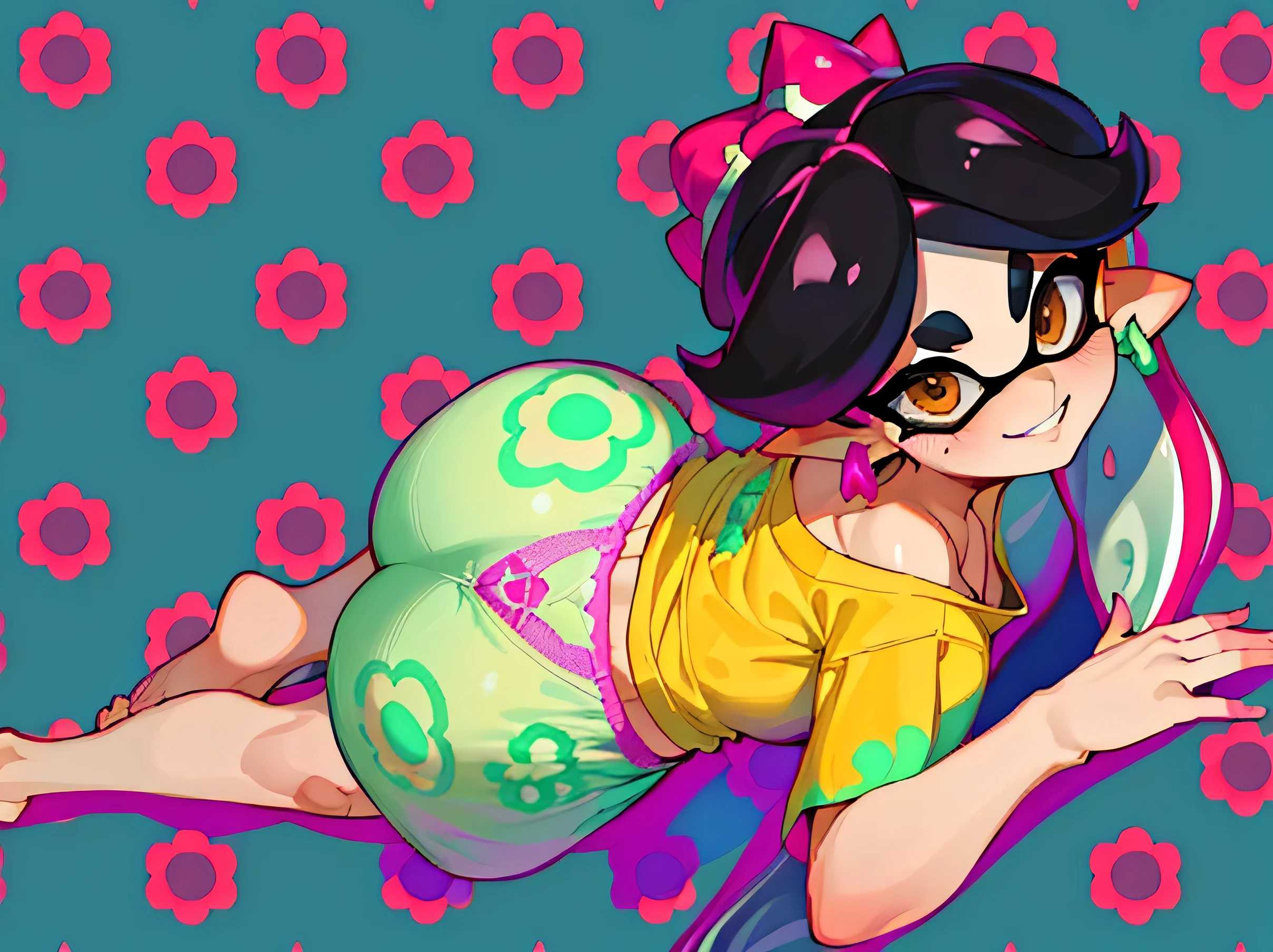 callie from splatoon tendida en el suelo., big booty, orangue pijama,pijama de color amarrilo y narrajo, short top, descalza, pies descalzos, His underwear is marked under his pants