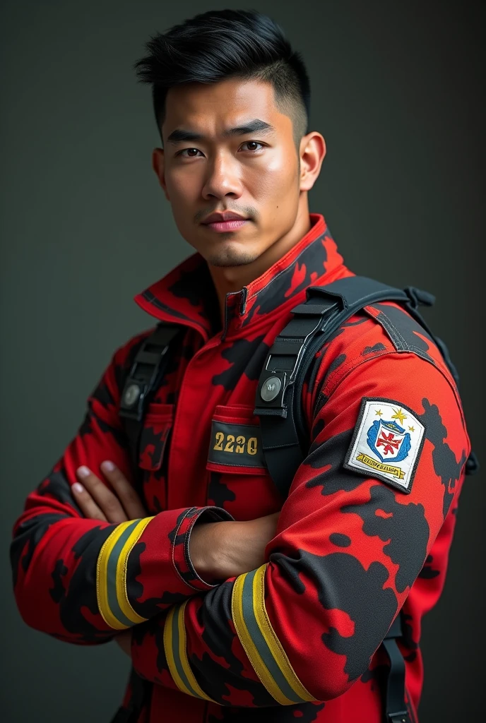 handsome Malaysia muscular man, 1man, wearing camouflage red black and army green shirt uniform, camouflage red black and army green pants uniform, detailed facial features, extremely detailed eyes and face. Firefighter uniform, beautiful detailed lips, longeyelashes,muscle big bicep. strong masculine physique, powerful muscles, realistic, photorealistic, photo-realistic:1.37, best quality,4k,8k,highres,masterpiece:1.2,ultra-detailed,vivid colors,studio lighting