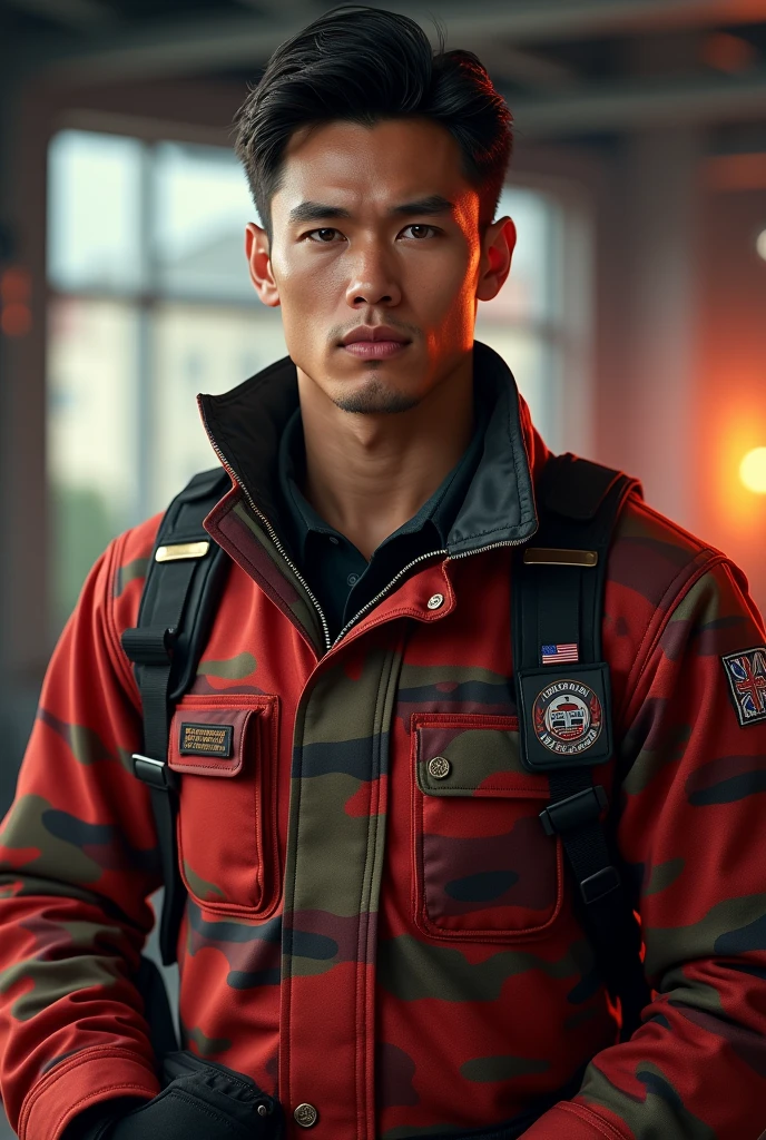 handsome Malaysia muscular man, 1man, wearing camouflage red black and army green shirt uniform, camouflage red black and army green pants uniform, detailed facial features, extremely detailed eyes and face. Firefighter uniform, beautiful detailed lips, longeyelashes,muscle big bicep. strong masculine physique, powerful muscles, realistic, photorealistic, photo-realistic:1.37, best quality,4k,8k,highres,masterpiece:1.2,ultra-detailed,vivid colors,studio lighting