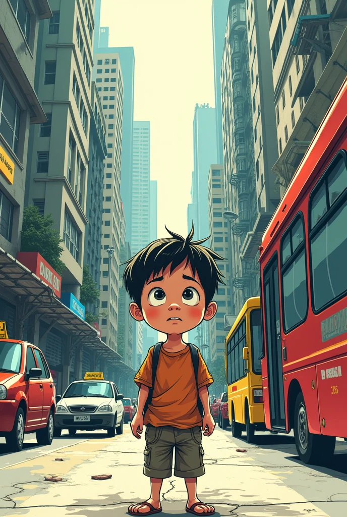 Generate a storyboard layout for a comic scene where a rural kampung boy arrives in the city for the first time. Show the boy looking bewildered by the busy city environment. Include various panels to depict his confusion with city elements like traffic and tall buildings."