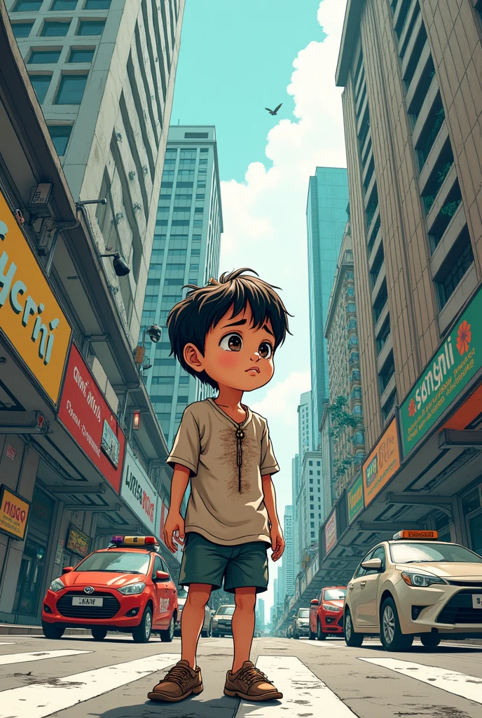 Generate a storyboard layout for a comic scene where a rural kampung boy arrives in the city for the first time. Show the boy looking bewildered by the busy city environment. Include various panels to depict his confusion with city elements like traffic and tall buildings."