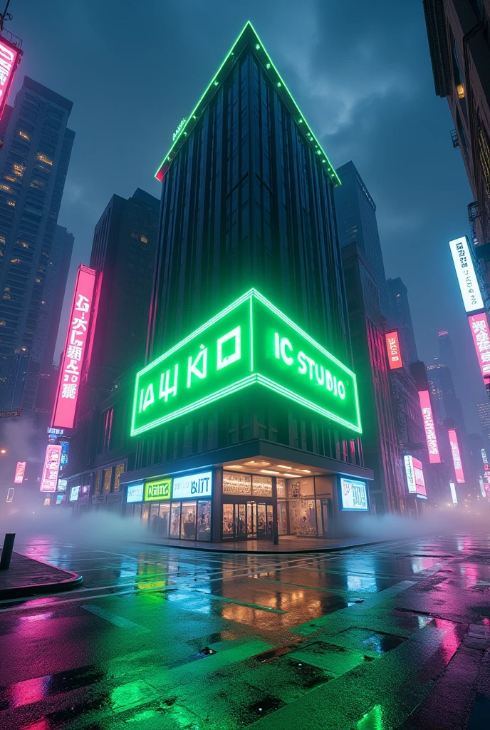 A vibrant cityscape at night, with a sleek modern building as the central focus, with a large horizontal neon sign mounted on its facade, reading “IA CCS STUDIO”, fluorescent green lights The bright, glowing lights of the signs cast a colorful glow onto the surrounding metropolitan landscape, with dark skyscrapers and bustling streets in the background, the reflections of the signs subtly visible on the wet pavement, creating a sense of dynamism and energy, the overall atmosphere exudes a futuristic and high-tech vibe, with subtle fog and mist gathering to add depth and mystery to the scene.
