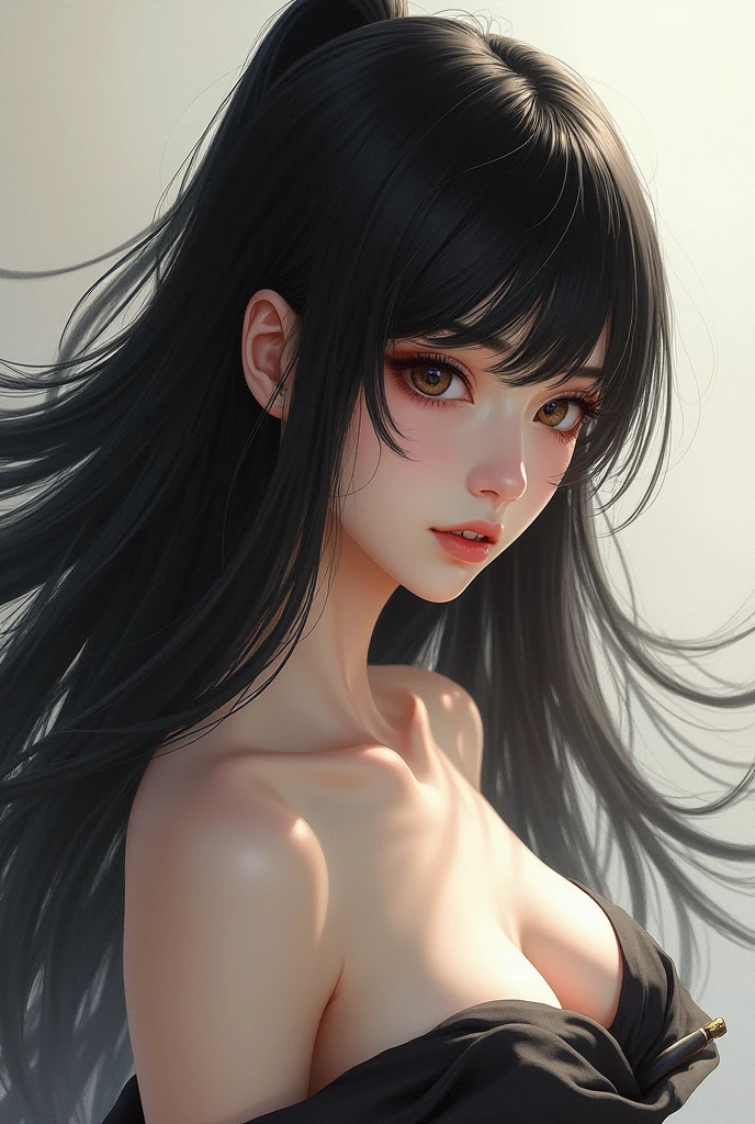 Best Quality、Japanese、Masterpiece、Fleeting Black Hair、long hair、A woman in a strapless top is looking down.