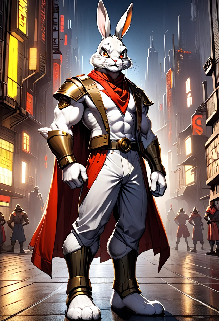 a anthropomorphic toon furry white/brown rabbit buff,muscular brut, wearing a superhero suit ,captain carrot,thick,red cape,big buff neck ,a red bandanna mask on the forehead,bunny,yellow suit,80’s style. He's androgynous and a sensual , cool expression,full body.The scene has a cool,sweet,sexual,samurai style and a vibrant tone. Metropolis setting in the background
