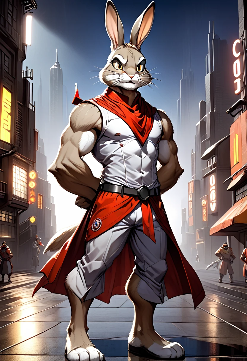 a anthropomorphic toon furry white/brown rabbit buff,muscular brut, wearing a superhero suit ,captain carrot,thick,red cape,big buff neck ,a red bandanna mask on the forehead,bunny,yellow suit,80’s style. He's androgynous and a sensual , cool expression,full body.The scene has a cool,sweet,sexual,samurai style and a vibrant tone. Metropolis setting in the background
