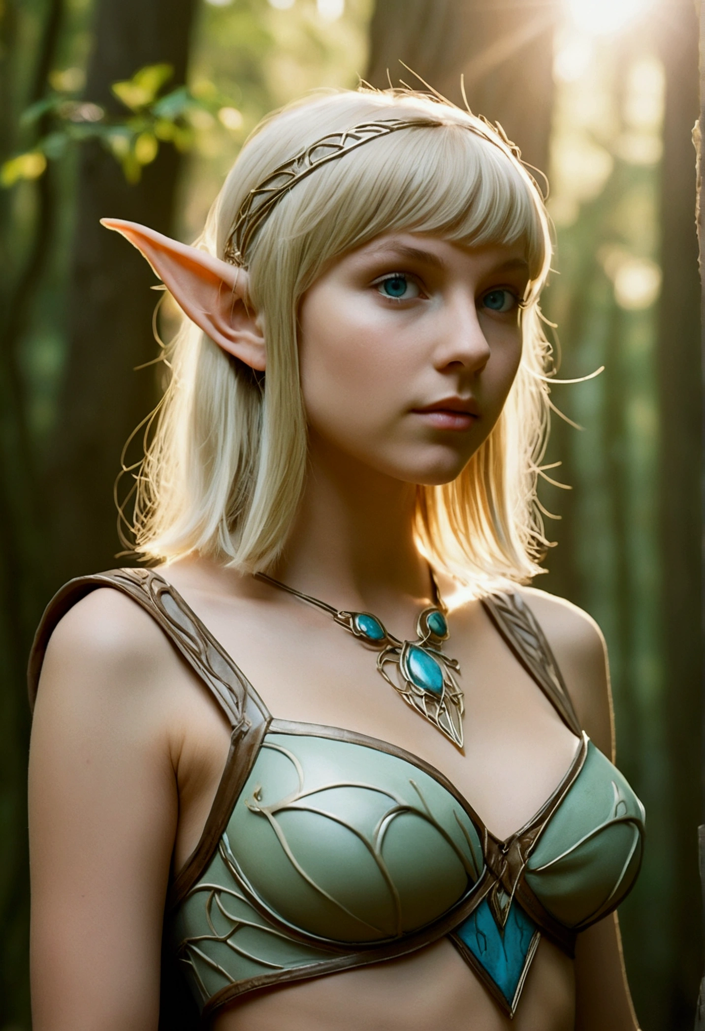 analog film photo, photo of a young elven girl, 18 years old, elf ears, cyan eyes, ash blonde hair, layered emo bob cut, sun-tanned complexion, olive skintone, Amazonian stature, voluptuous hourglass figure, busty bosom, narrow waist, full hips, big plump buttocks, wearing elven undergarments, resembles Taylorr Swift, strolling through a sunny fantasy landscape, RAW Photograph, dslr, soft lighting, high quality, film grain, Fujifilm XT3, detailed skin with visible pores, insane details, masterpiece, 8k, 35mm photograph, dslr, kodachrome, faded film, desaturated, grainy, vintage, Lomography, stained, highly detailed, found footage, close-up shot, elven ears