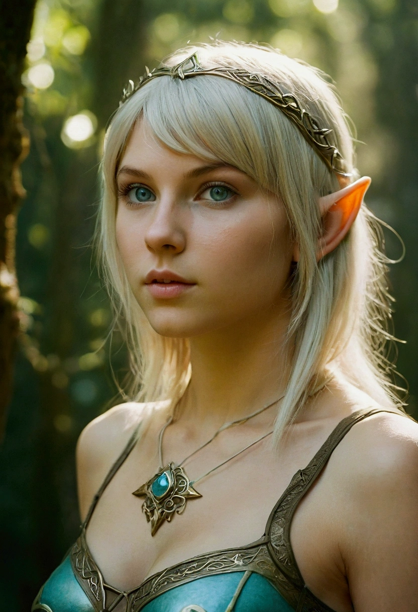 analog film photo, photo of a young elven girl, 18 years old, elf ears, cyan eyes, ash blonde hair, layered emo bob cut, sun-tanned complexion, olive skintone, Amazonian stature, voluptuous hourglass figure, busty bosom, narrow waist, full hips, big plump buttocks, wearing elven undergarments, resembles Taylorr Swift, strolling through a sunny fantasy landscape, RAW Photograph, dslr, soft lighting, high quality, film grain, Fujifilm XT3, detailed skin with visible pores, insane details, masterpiece, 8k, 35mm photograph, dslr, kodachrome, faded film, desaturated, grainy, vintage, Lomography, stained, highly detailed, found footage, close-up shot, elven ears
