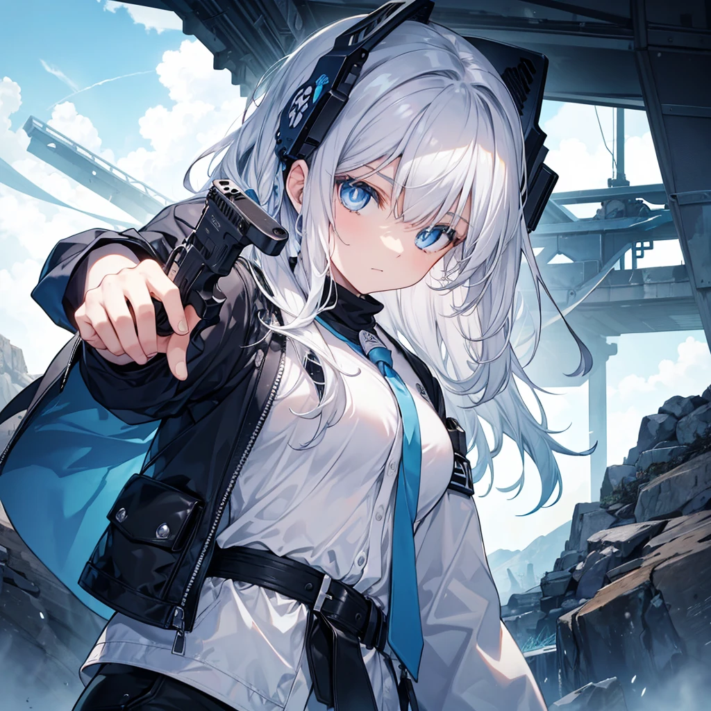 One woman,He has a gun,pistol,Desert Eagle,silver ((blue eyes))