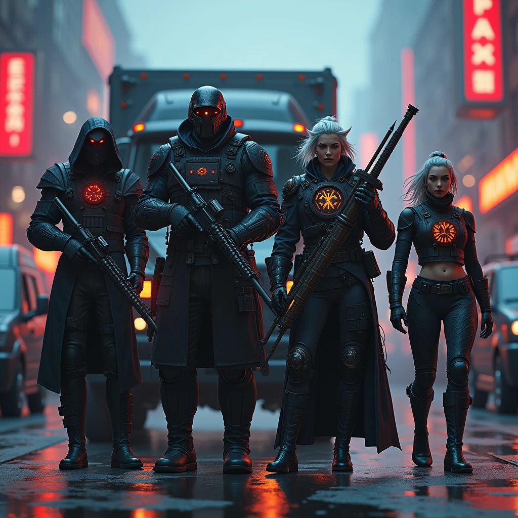 A heavily armored vampire spawn, wearing a modern tactical vest reinforced with dark, enchanted metal, his glowing red eyes peering from beneath a blackened helmet; next to him, an elf wizard in a sleek, lightweight armored vest with arcane symbols glowing faintly, her silver hair flowing as she manipulates a digital spell interface. A half-orc warrior stands tall, clad in a bulky, rugged tactical vest designed for heavy combat, adorned with glowing runes that pulse with each breath. A Tiefling rogue, wearing a slim, shadow-infused vest that seems to meld with the darkness around her, her tail coiled around a set of high-tech lockpicking tools, her horns adorned with small, hidden cameras. Lastly, a dragonborn cleric, in a scale-patterned armored vest that gleams with divine energy, clutching a staff embedded with modern tech and ancient relics. They are positioned around an armored truck and a van for cash pick up and delivery in a fantasy cyberpunk atmosphere, where neon lights meet ancient magic. The scene is filled with metallic textures, highly detailed modern armor, glowing magical effects, and a rich color palette. Dramatic lighting casts dynamic shadows, captured from a low-angle, cinematic composition. ((best quality, 8k, hyper realistic, photorealistic, cinematic, ultra-detailed, extremely detailed:1.2))
