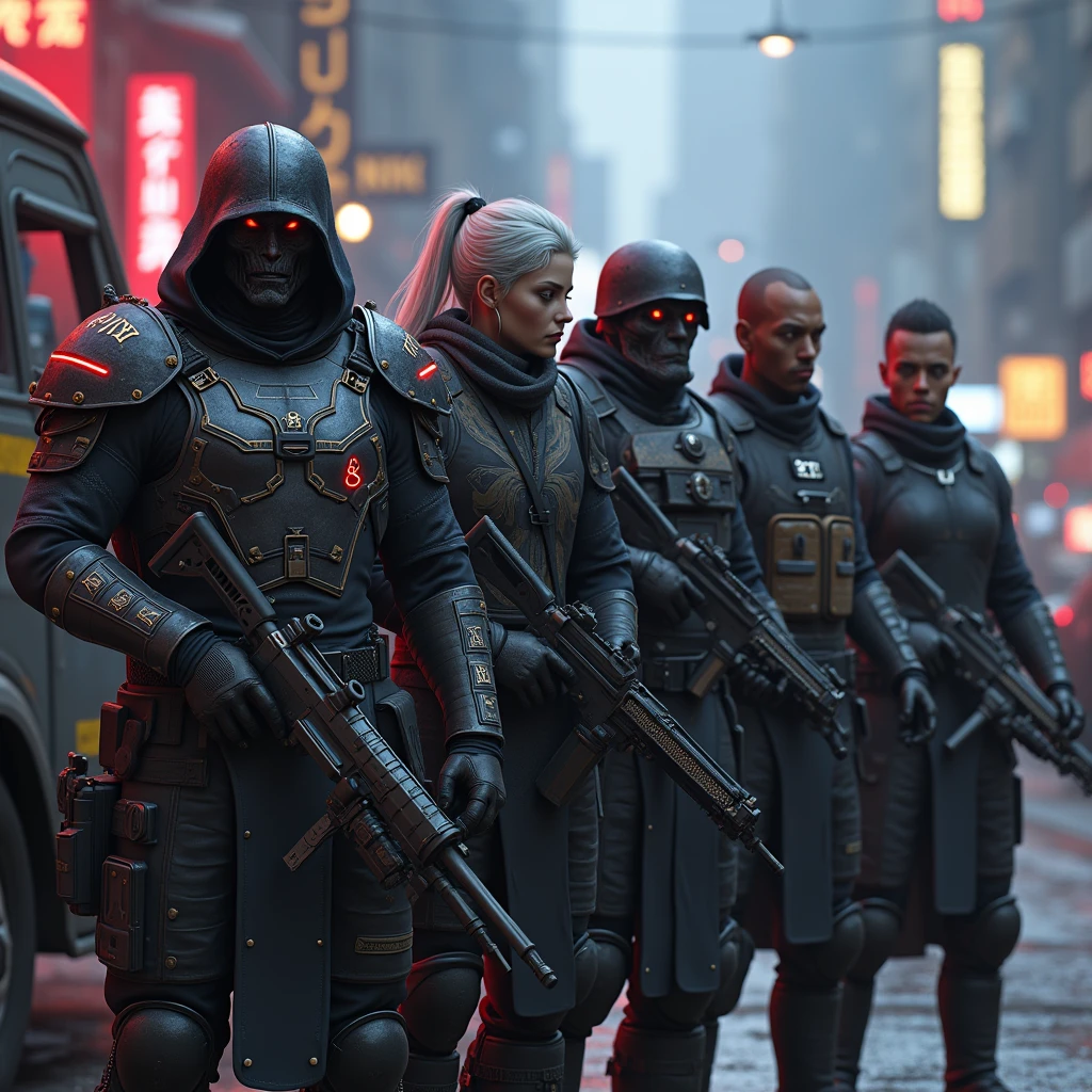 A heavily armored vampire spawn, wearing a modern tactical vest reinforced with dark, enchanted metal, his glowing red eyes peering from beneath a blackened helmet; next to him, an elf wizard in a sleek, lightweight armored vest with arcane symbols glowing faintly, her silver hair flowing as she manipulates a digital spell interface. A half-orc warrior stands tall, clad in a bulky, rugged tactical vest designed for heavy combat, adorned with glowing runes that pulse with each breath. A Tiefling rogue, wearing a slim, shadow-infused vest that seems to meld with the darkness around her, her tail coiled around a set of high-tech lockpicking tools, her horns adorned with small, hidden cameras. Lastly, a dragonborn cleric, in a scale-patterned armored vest that gleams with divine energy, clutching a staff embedded with modern tech and ancient relics. They are positioned around an armored truck and a van for cash pick up and delivery in a fantasy cyberpunk atmosphere, where neon lights meet ancient magic. The scene is filled with metallic textures, highly detailed modern armor, glowing magical effects, and a rich color palette. Dramatic lighting casts dynamic shadows, captured from a low-angle, cinematic composition. ((best quality, 8k, hyper realistic, photorealistic, cinematic, ultra-detailed, extremely detailed:1.2))
