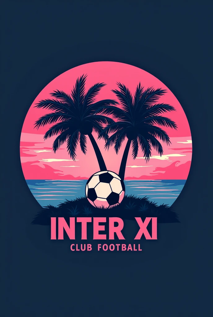 Create a logo of round shape colour will be pink and dark blue with two coconut trees in middle with a football and with the name  INTER XI CLUB FOOTBALL over the logo