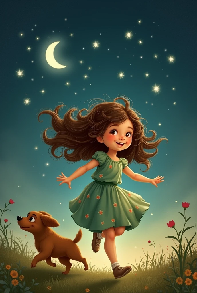 Create an image of a white girl with curly hair, brown and long and messy. She's wearing a delicate green dress with a floral print. It's getting dark and there are many stars in the sky. The moon is waxing. She is happy and running. There's a brown dog running
