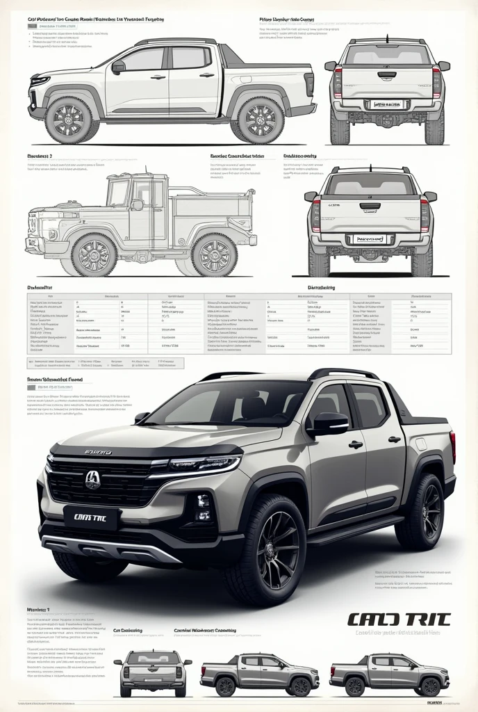 Create a new pickup truck model that is not identical to other brands., from the CASTRO brand in the lead, a imagem deve ser em forma de blueprint