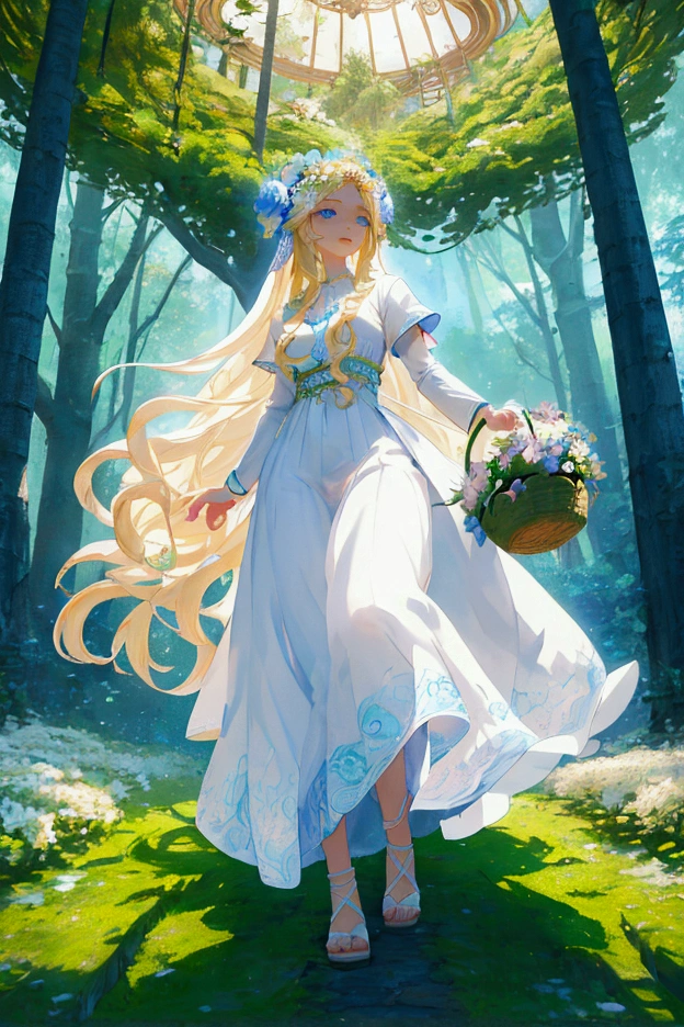 The goddess of spring, with long blond hair, blue eyes, white flowing dress, carrying a flower basket, comes out of the big tree house, surrounded by trees and flowers, bright colors, anime style, animation, illustration, 3d rendering