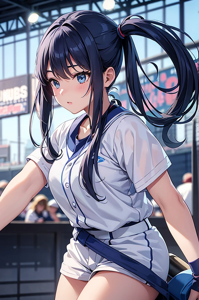  masterpiece, (Textured skin), Highest quality, Light blue long hair、A girl with twintails who is a pitcher、Women playing in a match, Baseball stadium for baseball tournament、A packed stadium、Detailed clothing,Tight waist,, (Beautiful Face), Cinema Lighting, (At the softball venue ),