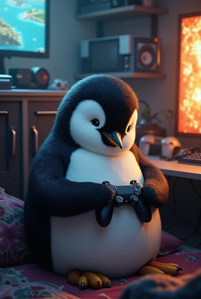 penguin holding a video game controller 