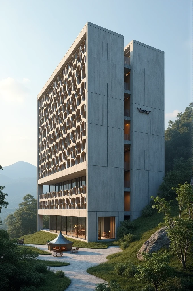 Monolithic concrete building with beehive like hotel room