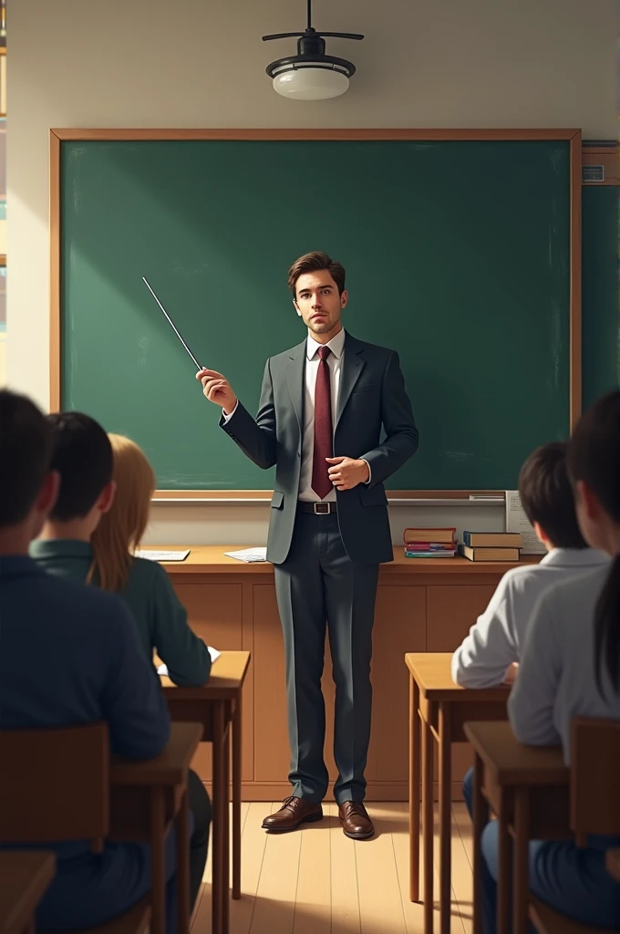 Generate a image Where a teacher standing in front of a black board. Teaching his students holding a thin stick in his hand.