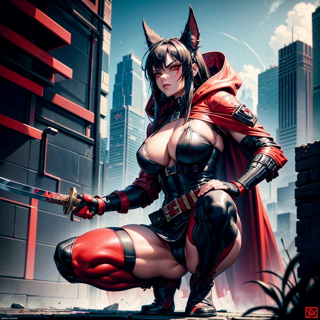 Highly detailed, stylized digital artwork featuring characters from a cyberpunk setting. The subject is a muscular, busty, light-skinned, hot woman squatting on a rooftop with a cityscape of neon lights and skyscrapers in the background. The character has intense red eyes, wears a hooded cape, mini skirt, and is adorned with red and black tactical gear, including fingerless gloves, arm guards, and various straps and buckles. They had a katana strapped to their backs and their faces were painted in red war paint. The overall color palette is dominated by dark tones, paired with eye-catching reds, creating a dramatic and strong atmosphere.