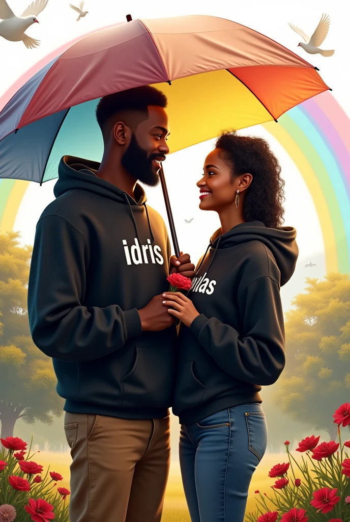Realistic African 25-year-old Handsome boy with beard ,Black Hoodie with a 22-year beautiful girl in a Black Hoodie, the girl has a red rose flower in her hand, and the boy holding a multi-colorful umbrella in his hand, written in "idris" in the boy's hoodie, and "nicolas" in girl hoodie, in outdoor Park with white Background Doves Flying, Beautiful picture, pretty girl, So happy picture, profile pic, Rainbow Behind, 3d illustration, hyperrealistic, Look straight