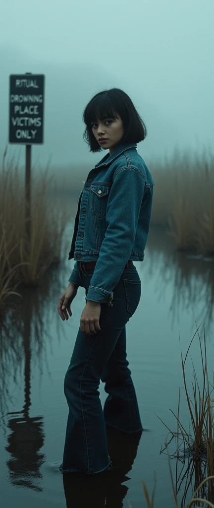 woman, in tight denim jacket, cold weather, information pointer "RITUAL DROWNING PLACE VICTIMS ONLY", flared dark washed faded jeans, stuck in bog, bob-cut, turns around, cinematic, fog,