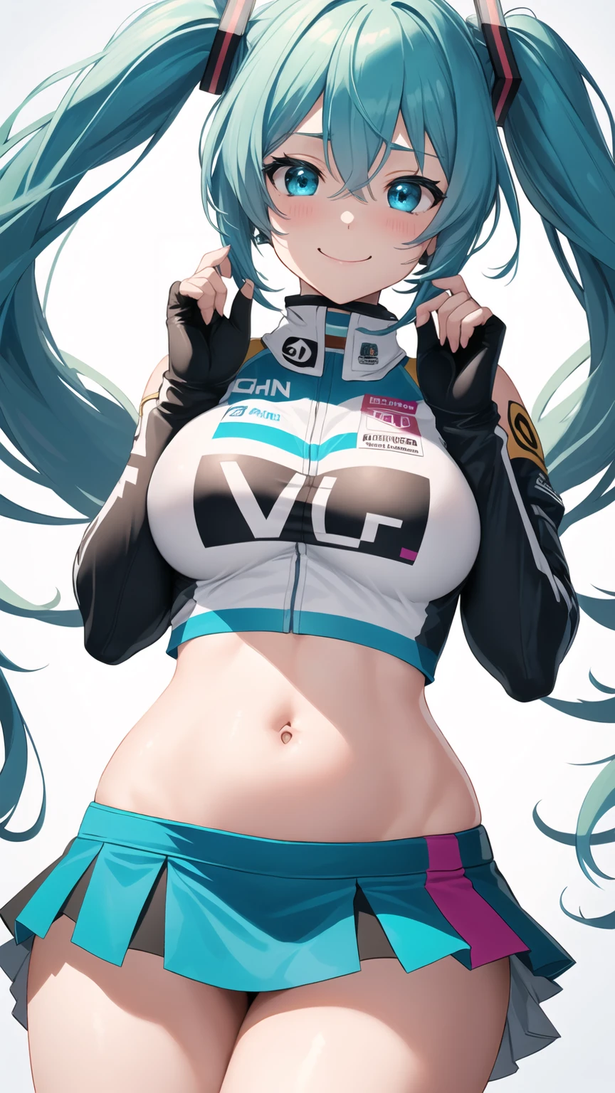 ((Tabletop, Highest quality, High resolution, Hmph, Pixel perfect, Depth of written boundary, 4K, )), One Girl, alone, , Beautiful Anime, Beautiful art style, close, View your viewers, Perfect body, Hatsune Miku・VOCALOID, Light blue hair, (Large Breasts), belly button, Blush all over face, smile, Thighs Thighs Thighs Thighs, ((Race Queen)), mini skirt,White Background, Take the lead, Raise the checkered flag, Cowboy Shot, concentrated,