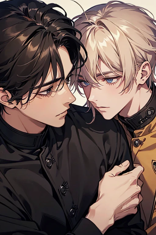 (muste piece), (best quality), very detailed, ((two men in their 20s)), perfect face, beautiful face, happy face，very detailed顔，(Brown-haired man_red eyes:1.3)，(man with white hair_blue eyes:1.3)，wink，milk chocolate，White chocolate，Valentine，ribbon，race，frills，heart，Light，smile，Melted chocolate，Covered in chocolate