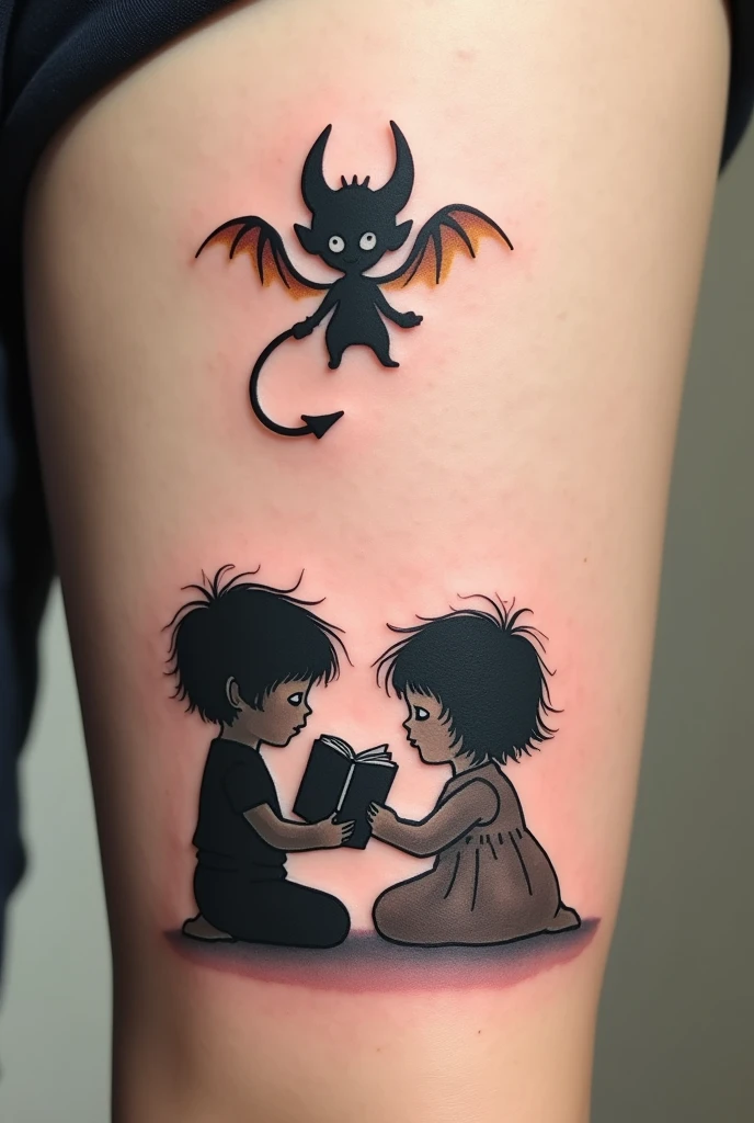 Tatouage homme avant bras deux petites silhouette d'enfant entrain de lire un livre et au dessus d'eux un petit démon dans un style enfantin qui veille sur les enfants 