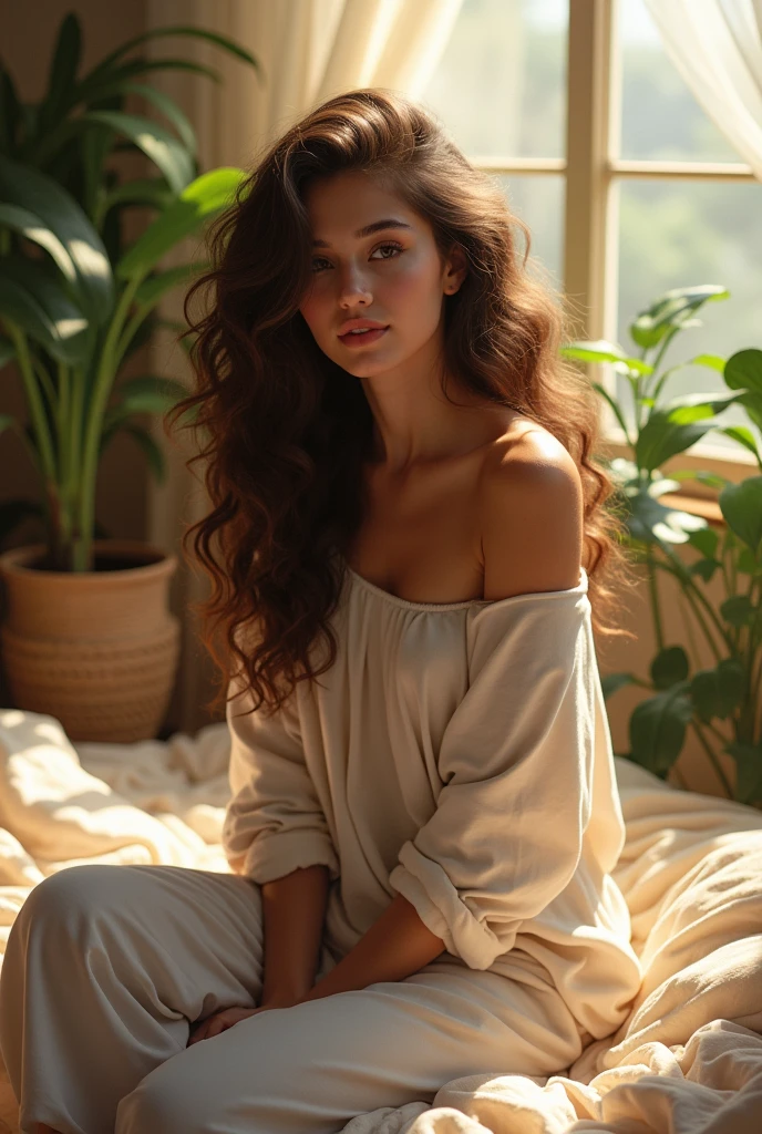 (photorealism:1.2), beautiful woman, sitting on bed, wearing loose off-shoulder top, pajama pants, long curly hair, indoors, soft lighting, plants in background, window with sunlight, cozy room, relaxed pose, realistic, intricate details, warm colors, by Greg Rutkowski, by Alphonse Mucha