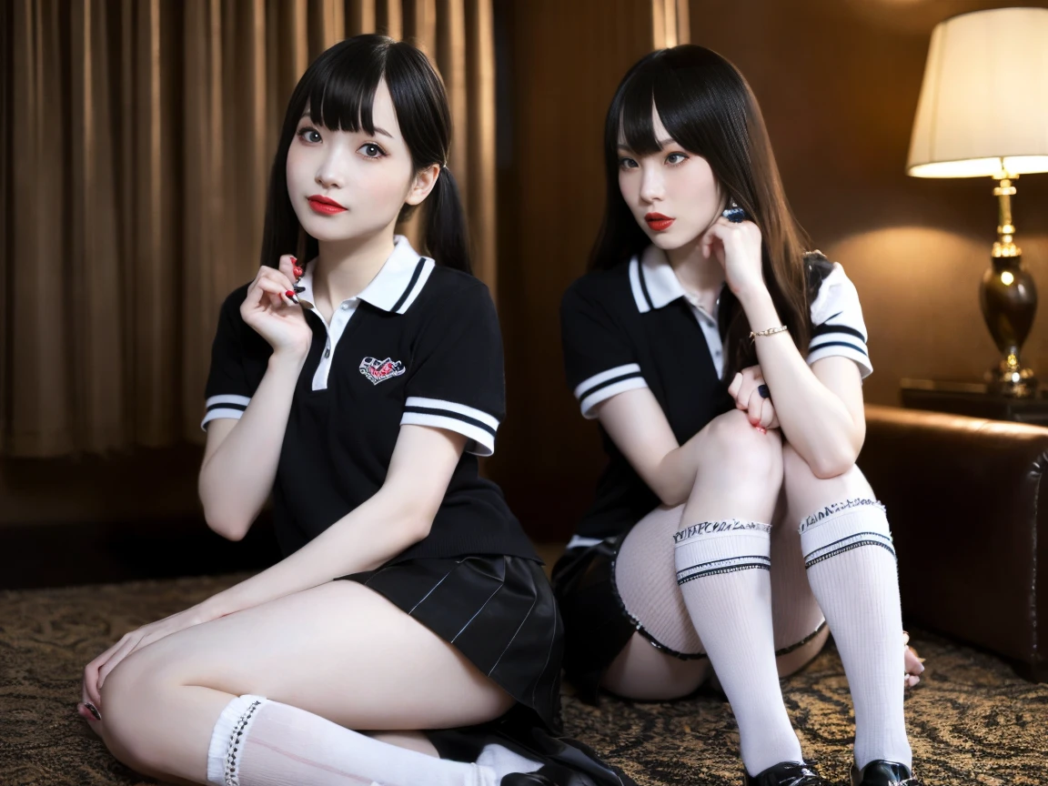 masterpiece, best quality, illustration, Super detailed, fine details, High resolution, 8K,wall paper, perfect dynamic composition,(Details High quality, realistic depiction of eyes:1.3), (2 girls), (collared polo shirt), pleated skirt, knee high socks, twin tails, in a hotel room in the background, deep on field, large breasts, black hair color, Big Natural Color Lip, (perfect body shape), crying a little、Harajuku style、20 year old girl、cute type、beautiful legs, Gravure Idol