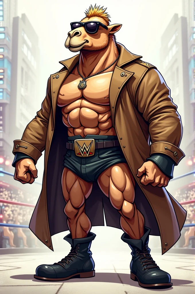 Cartoon Camel dressed like wrestler edge wearing sunglasses and trenchcoat 