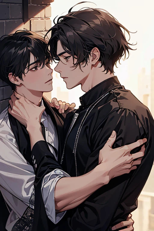 ​masterpiece, top-quality, 2Others, Male couple, 1 man and 1,, Adults, Height difference, different fashion, different color, finely eye and detailed face, intricate detailes, Casual clothing, Oversized shirt, Modern urban streets, A smile, Happiness, tenderness, queers, high-level image quality、 Two beautiful men、tall、The upper part of the body、nightfall、nighttime scene、𝓡𝓸𝓶𝓪𝓷𝓽𝓲𝓬、Two Men Kissing, Korean Male, Idol Photos, k pop, Professional Photos, Vampires, Korean fashion in black and white, Fedoman with necklace, inspired by Sim Sa-jeong, androgynous vampire, :9 detailed face: 8, extra detailed face, detailed punk hair, ((eyes are brown)) baggy eyes, Seductive. Highly detailed, semi realistic anime, Vampires, hyperrealistic teen, delicate androgynous prince, imvu, short hair above the ears, Man with short hair, black-haired man with a glaring expression and a man with red hair with a gentle expression, With a short-haired man with black hair, Man with red hair, kiss together, Kissing each other,