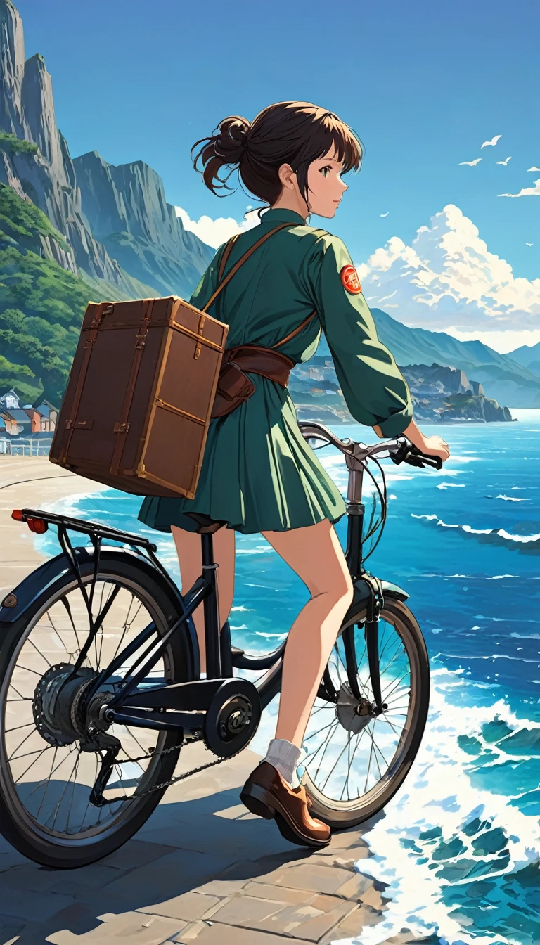 anime girl traveller on a bike with ocean and mountains, in the style of richly detailed genre paintings, animated film pioneer, naturalistic cityscapes