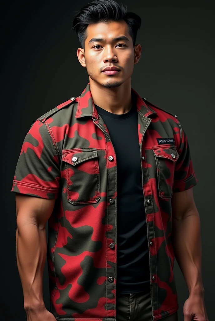 handsome Malaysia muscular man, 1man, wearing camouflage red black and army green shirt uniform, camouflage red black and army green pants uniform, detailed facial features, extremely detailed eyes and face. Firefighter t-shirt uniform, beautiful detailed lips, longeyelashes,muscle big bicep. strong masculine physique, powerful muscles, realistic, photorealistic, photo-realistic:1.37, best quality,4k,8k,highres,masterpiece:1.2,ultra-detailed,vivid colors,studio lighting