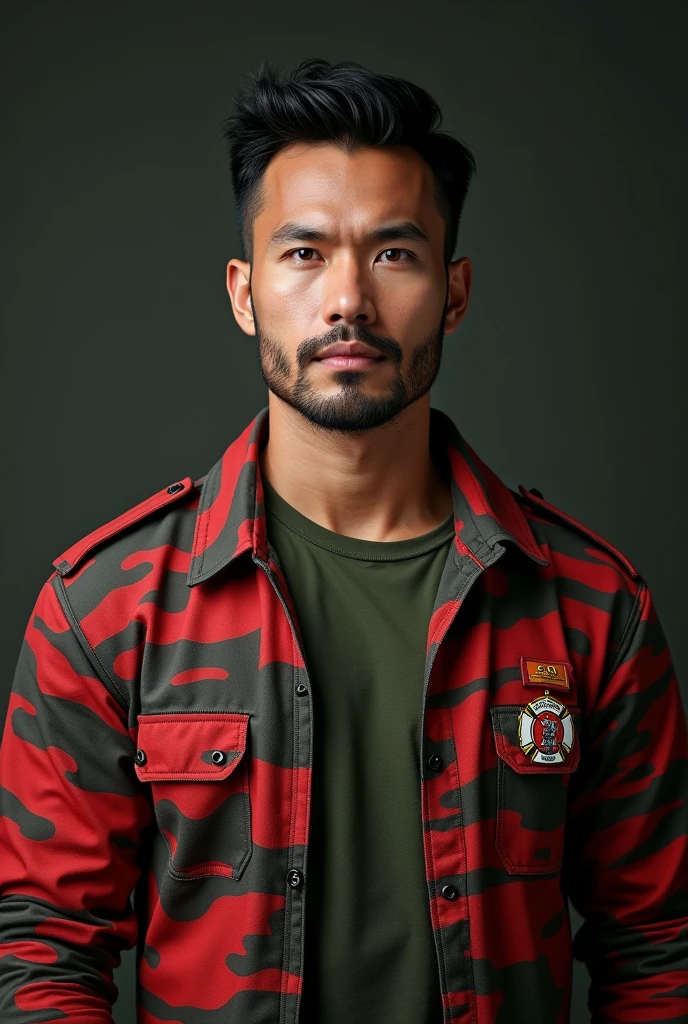 handsome Malaysia muscular man, 1man, wearing camouflage red black and army green shirt uniform, camouflage red black and army green pants uniform, detailed facial features, extremely detailed eyes and face. Firefighter t-shirt uniform, beautiful detailed lips, longeyelashes,muscle big bicep. strong masculine physique, powerful muscles, realistic, photorealistic, photo-realistic:1.37, best quality,4k,8k,highres,masterpiece:1.2,ultra-detailed,vivid colors,studio lighting