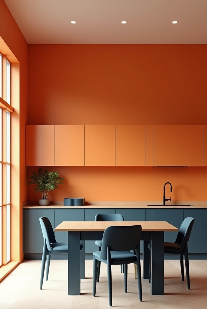 Create kitchen image showing two wall view. Paint the plain kitchen wall with light orange color. Paint cabinets hanging on the upper wall through out both wall horizontally with dark orange color. Paint rectangular dinning table with dark blue and simple four chairs with dark blue colour furniture.