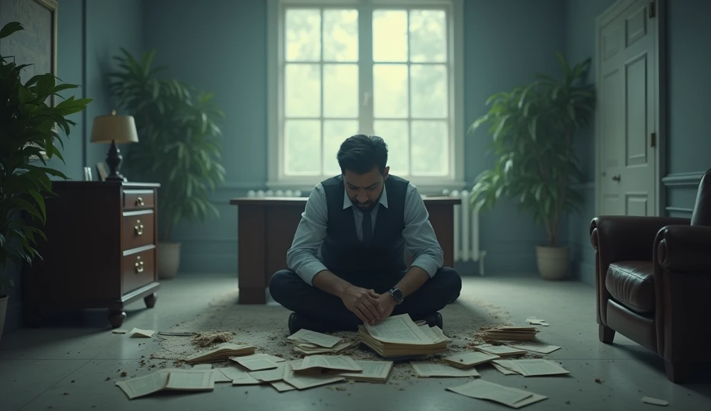 Rajesh sitting in his once-grand office, now empty and quiet. He looks defeated, with papers showing losses scattered on his desk. The room has a sense of desolation, symbolizing his failed business.