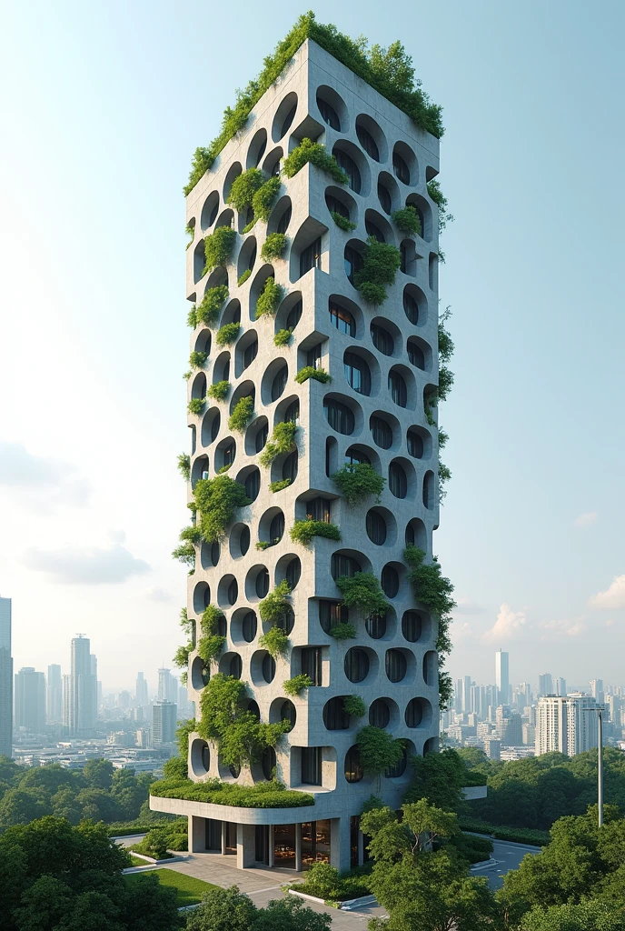 Realistic Monolithic concrete high rise building with beehive like hotel room facade. Plus hanging garden around its podium