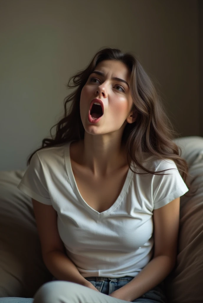 A sex moaning wearing a t shirt siting on sofa