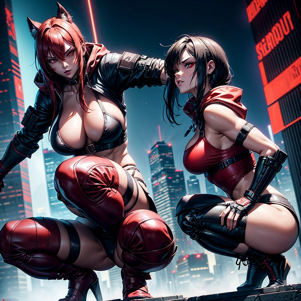 Highly detailed, stylized digital artwork featuring characters from a cyberpunk setting. The subject is a muscular, busty, light-skinned, hot woman squatting on a rooftop with a cityscape of neon lights and skyscrapers in the background. The character has intense red eyes, wears a hooded cape, mini skirt, and is adorned with red and black tactical gear, including fingerless gloves, arm guards, and various straps and buckles. They had a katana strapped to their backs and their faces were painted in red war paint. The overall color palette is dominated by dark tones, paired with eye-catching reds, creating a dramatic and strong atmosphere.