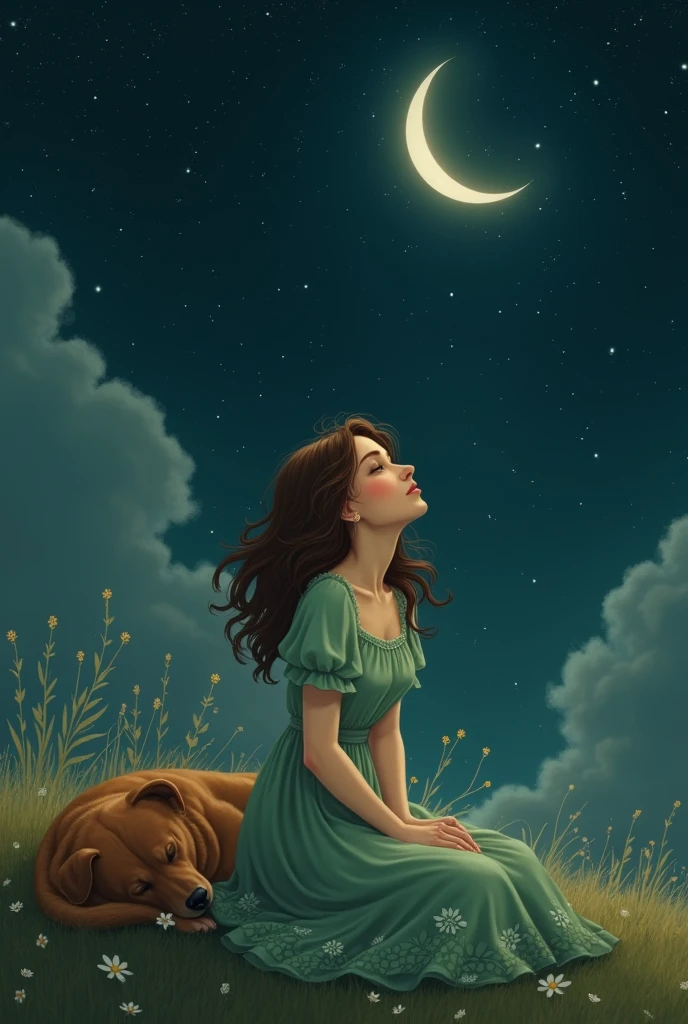 Create an image of a white woman with curly hair, brown and long and messy. She is wearing a delicate green dress with a floral print. It's getting dark and there are many stars in the sky. The moon is waxing. She is sitting looking at the sky. Next to a brown dog sleeping
