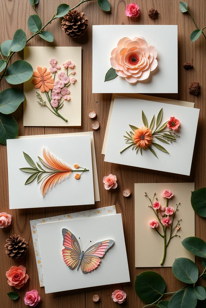 Generate an image that shows a variety of cards made with recycled paper. The cards should be arranged on a natural wood surface. Each card should have a unique and creative design, reflecting the use of recycled paper in its patterns and colors. Include visual elements that highlight the texture and appearance of recycled paper, like small pieces of colored paper and visible fibers. The image should convey a sense of sustainability and creativity